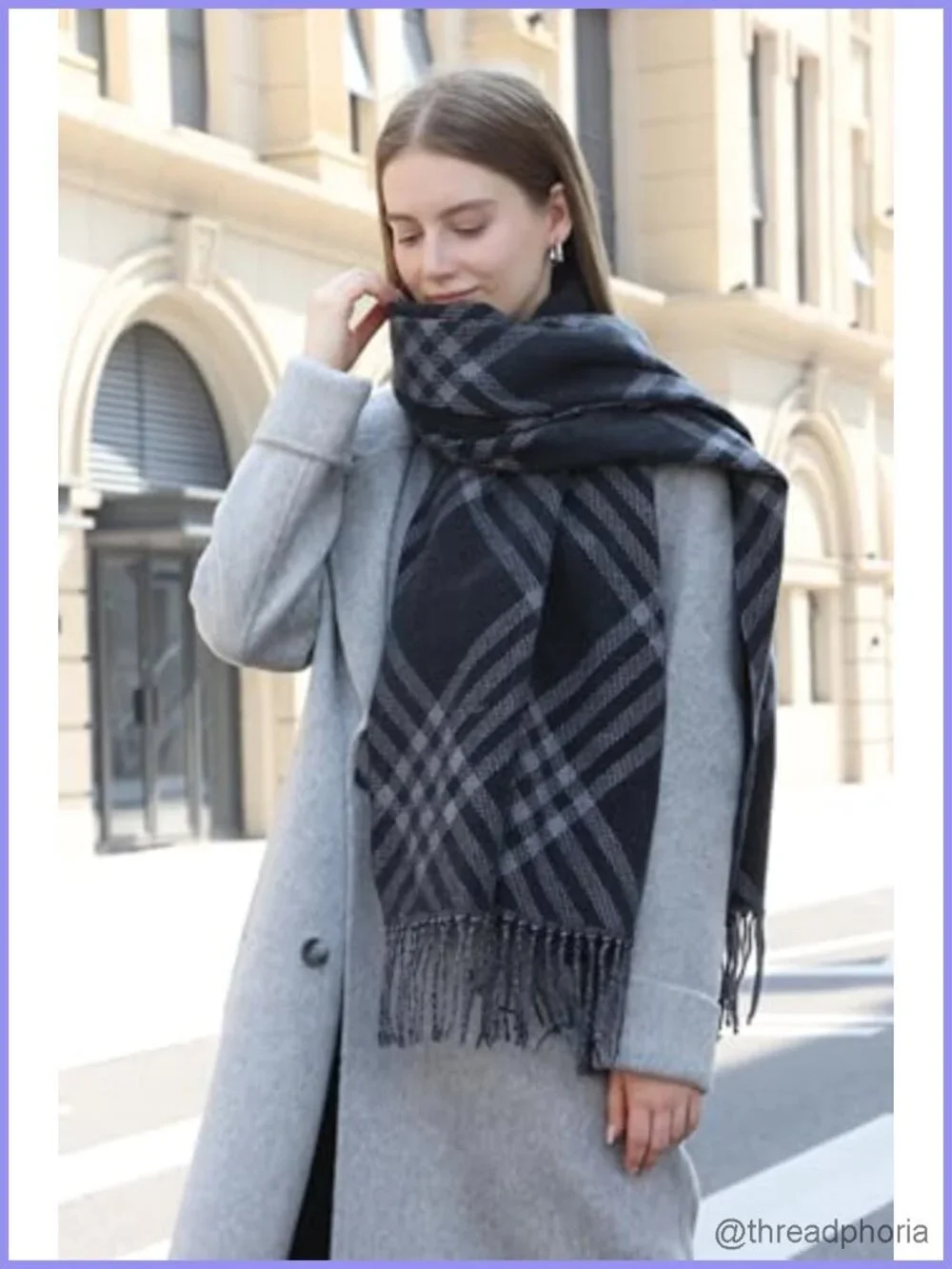 Oversized Plaid Reversible Scarf Shawl Wrap Cashmere-Feel Winter Fringe